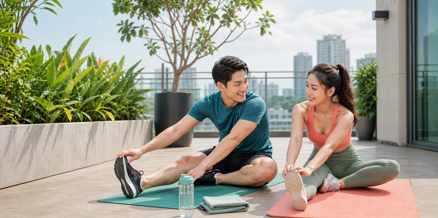 Hai người cùng tập luyện thư giãn trên thảm tập